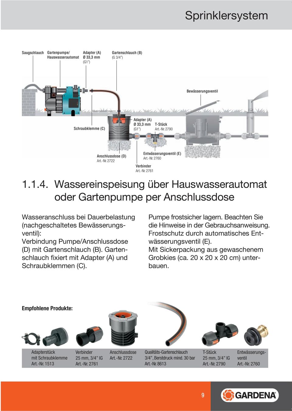 Wassereinspeisung über Hauswasserautomat oder Gartenpumpe per Anschlussdose Wasseranschluss bei Dauerbelastung (nachgeschaltetes Bewässerungsventil): Verbindung Pumpe/Anschlussdose (D) mit