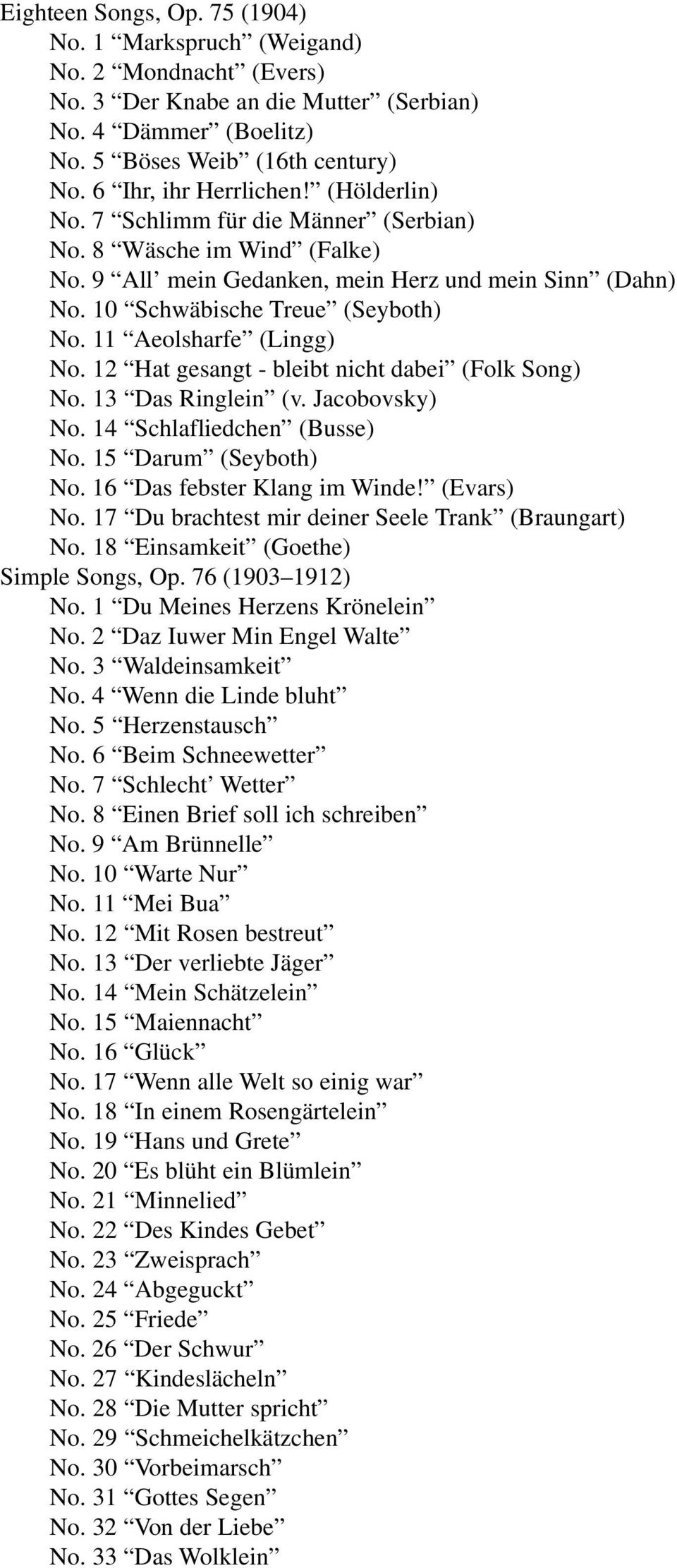 11 Aeolsharfe (Lingg) No. 12 Hat gesangt - bleibt nicht dabei (Folk Song) No. 13 Das Ringlein (v. Jacobovsky) No. 14 Schlafliedchen (Busse) No. 15 Darum (Seyboth) No. 16 Das febster Klang im Winde!