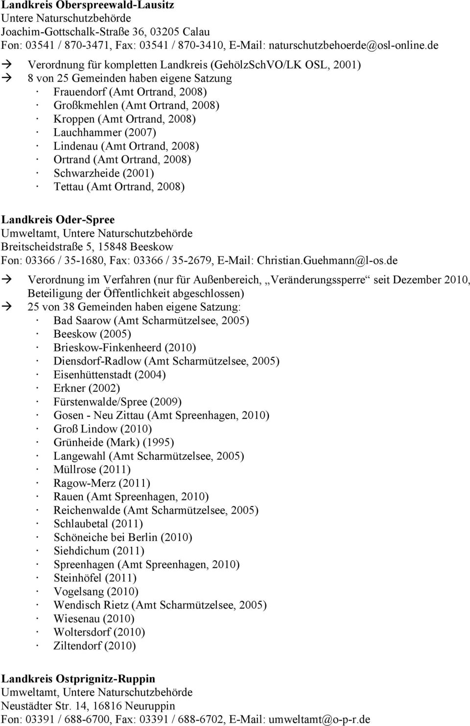 Lauchhammer (2007) Lindenau (Amt Ortrand, 2008) Ortrand (Amt Ortrand, 2008) Schwarzheide (2001) Tettau (Amt Ortrand, 2008) Landkreis Oder-Spree Umweltamt, Breitscheidstraße 5, 15848 Beeskow Fon: