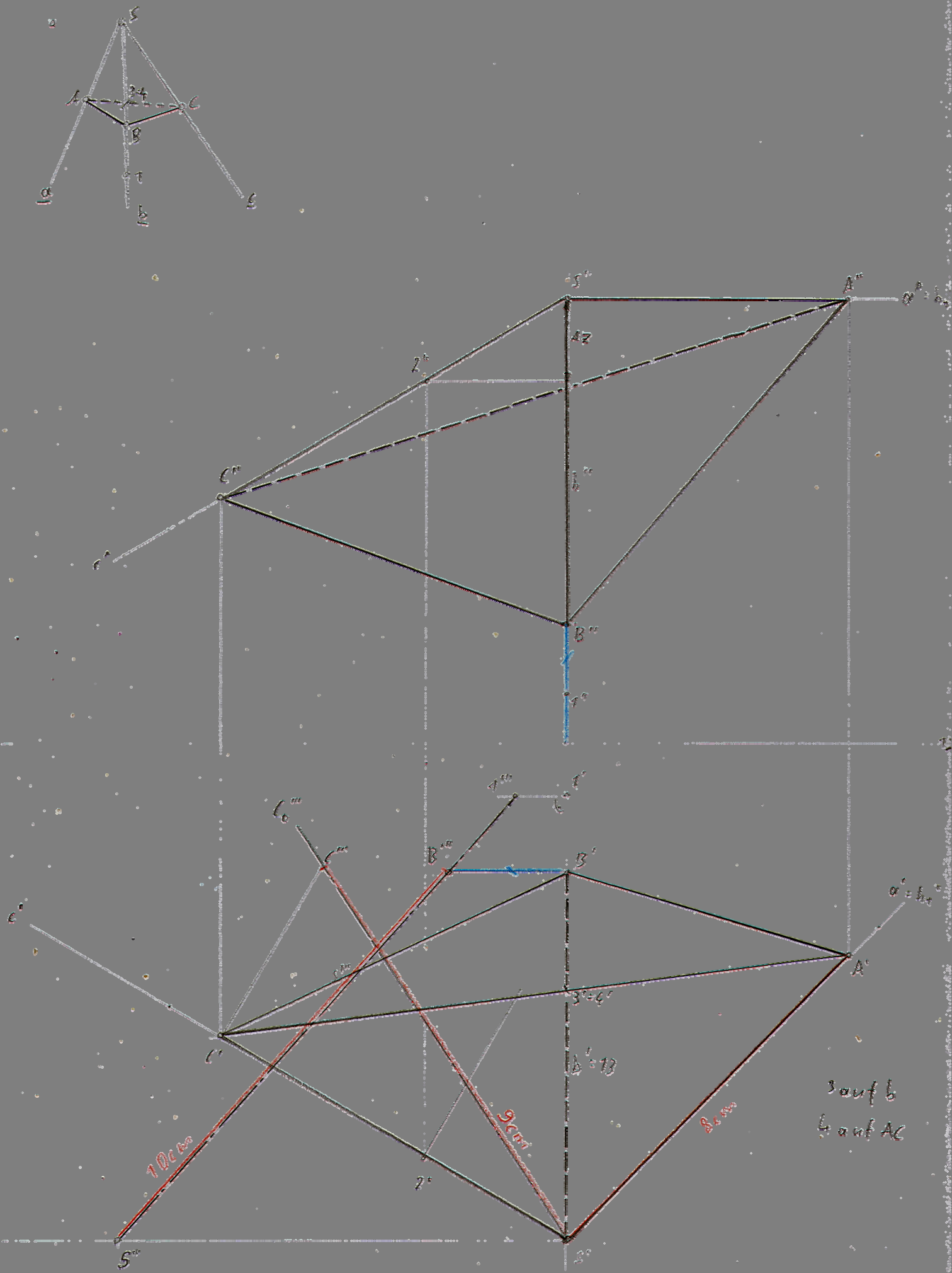 Geg.: Halbstrahlen a, b, c durch s Ges.: Dreiseitige Pyramide (s.