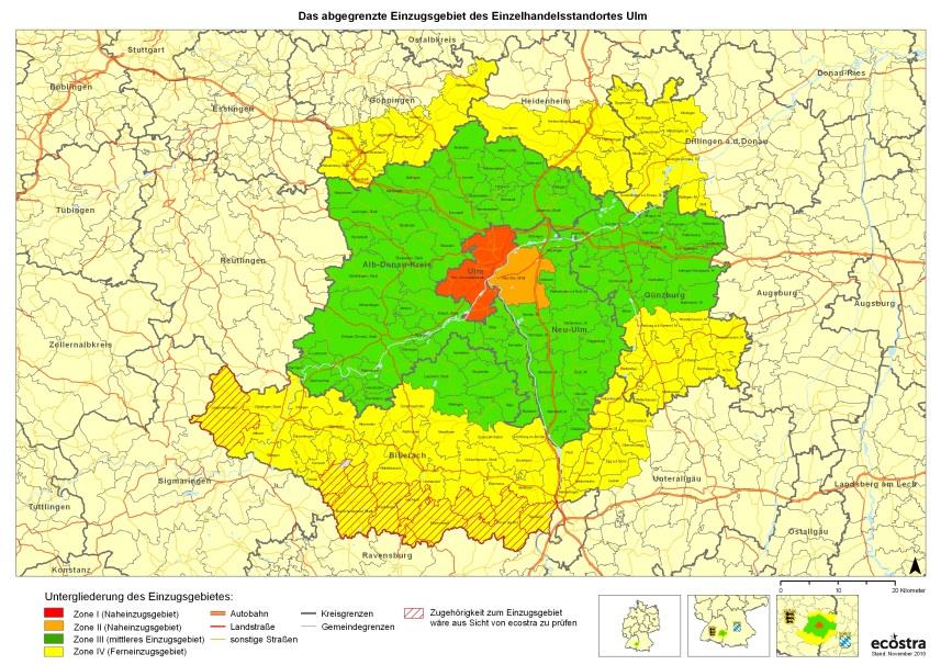 Das Einzugsgebiet des Ulm Einwohnerpotenzial von insg. ca. 924.925 Personen davon im Kerneinzugsgebiet (rot, orange & grün) ca. 602.640 Einwohner Kaufkraftpotenzial von insg. ca. 5,5 Mrd.