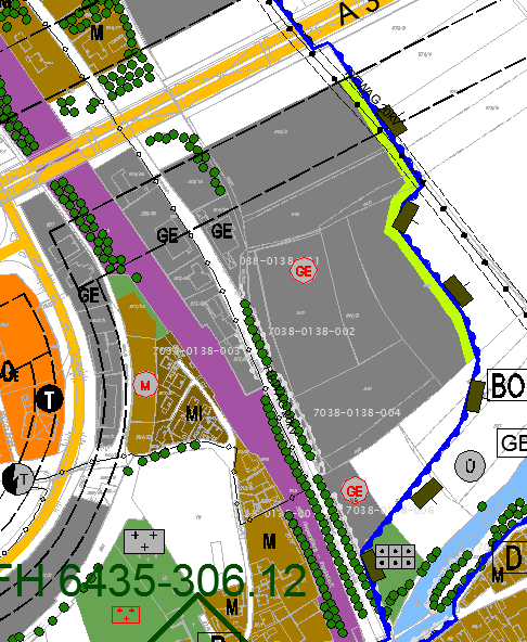 Beurteilungsfläche: Gewerbegebiet, südlich A3 - östlich Bahnanlagen Abstand min. ca.