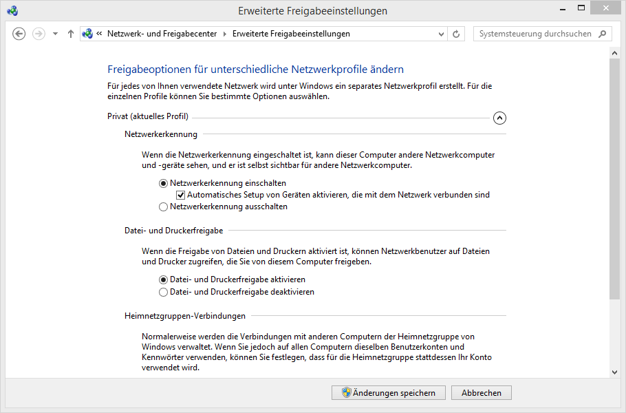 Netzwerkerkennung einschalten unter Windows 8.1 6 7 6 Wählen Sie unter Netzwerkerkennung die Option Netzwerkerkennung einschalten. 7 Klicken Sie auf die Schaltfläche Änderungen speichern.