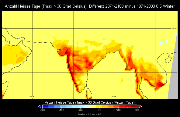 Abbildung 7 Abbildung 7 ist die gleiche Klimakarte für den Winter. Hier fällt sofort auf, dass der Westen Indiens deutlich mehr heiße Tage haben wird in den Jahren 2071-2100.
