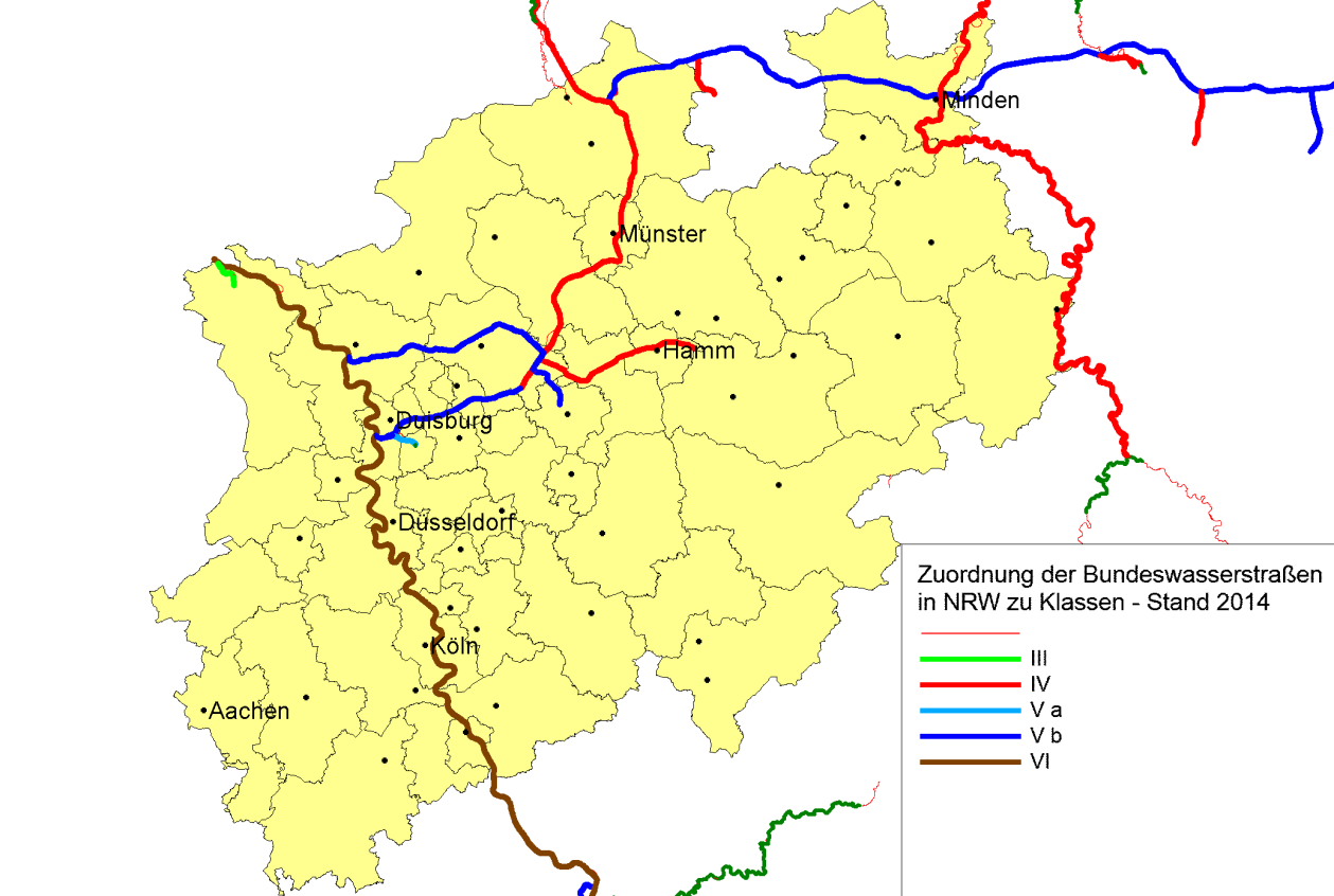 Wasserstraßen in NRW Seite 9 Abbildung 2: Aktueller Ausbauzustand der Binnenwasserstraßen in NRW (2014) Quelle: Wasser- und Schifffahrtsverwaltung des Bundes, Stand März 2014 Sind in der