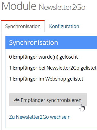 Nach der Konfiguration vom Newsletter2Go Modul können Sie die Synchronisation der Empfänger durchführen über das Register 'Synchronisation' und den Button 'Empfänger