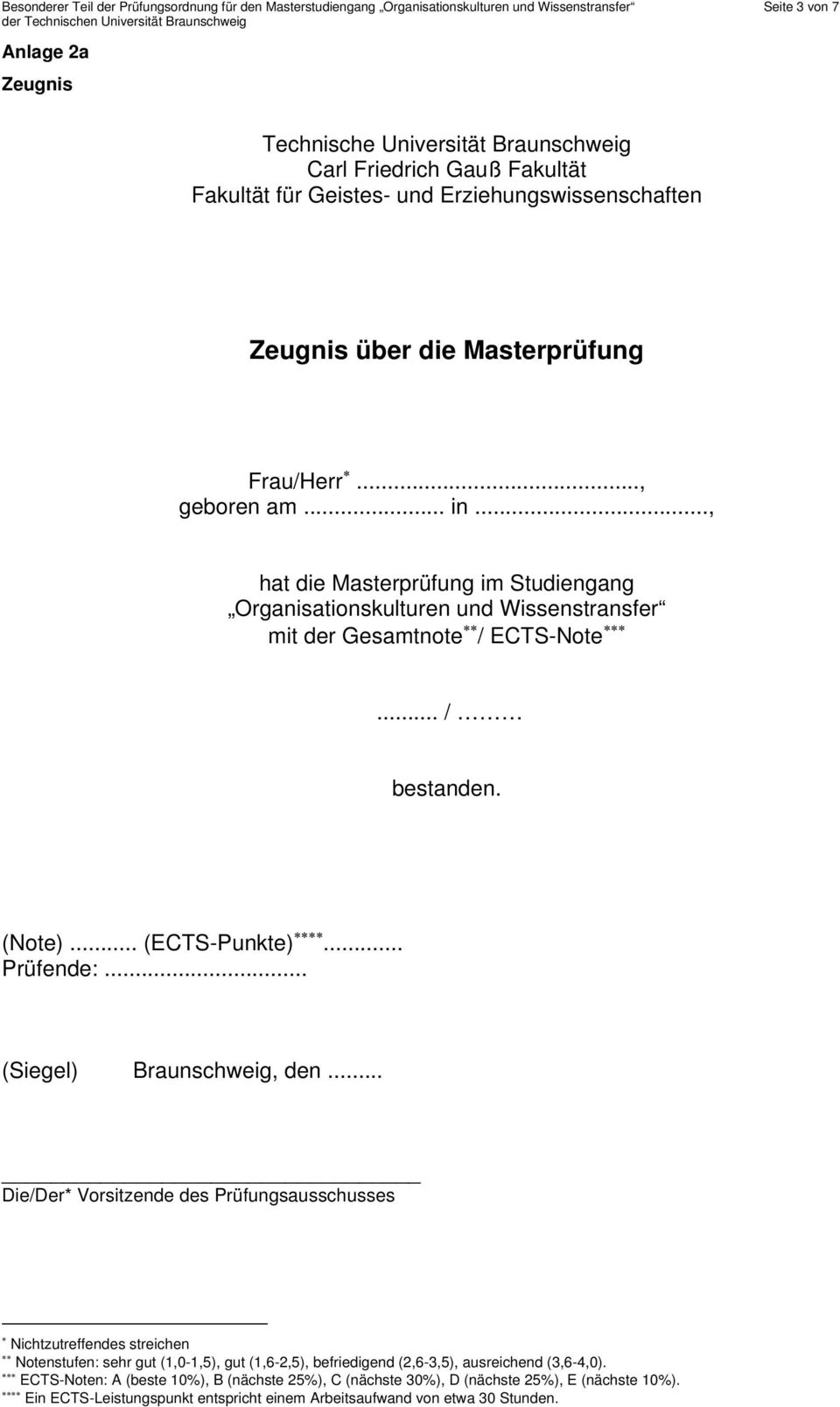 .., hat die Masterprüfung im Studiengang Organisationskulturen und Wissenstransfer mit der Gesamtnote / ECTS-Note... / bestanden. (Note)... (ECTS-Punkte)... Prüfende:... (Siegel) Braunschweig, den.