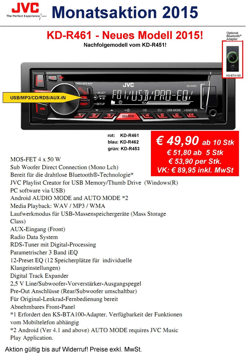 Optional Bluetooth Adapter KS-BTA100 USB/MP3/CD/RDS/AUX-IN rot: KD-R461