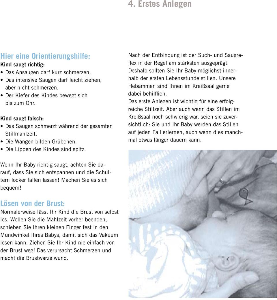 Nach der Entbindung ist der Such- und Saugreflex in der Regel am stärksten ausgeprägt. Deshalb sollten Sie Ihr Baby möglichst innerhalb der ersten Lebensstunde stillen.