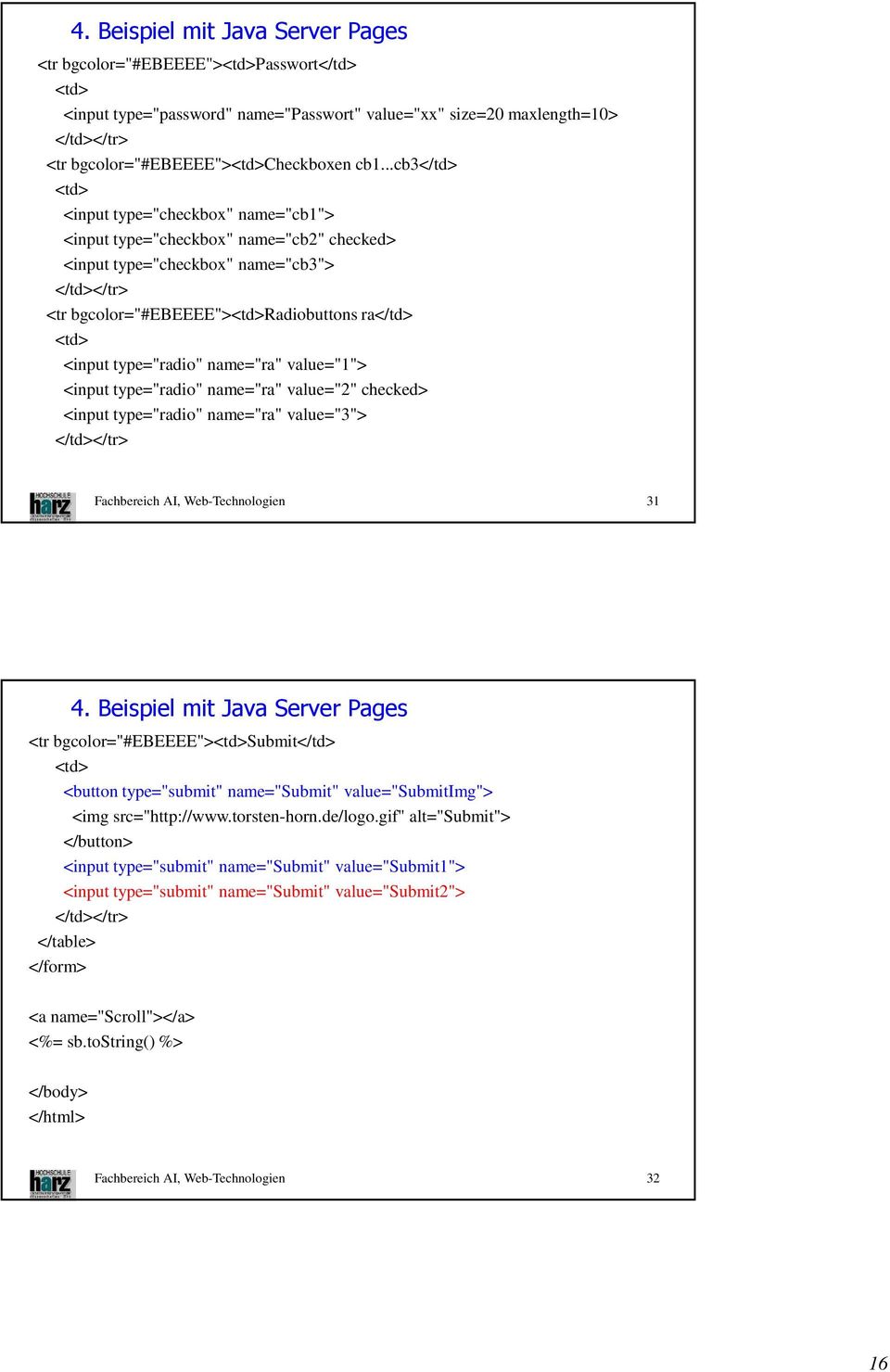 <input type="radio" name="ra" value="1"> <input type="radio" name="ra" value="2" checked> <input type="radio" name="ra" value="3"> </td></tr> Fachbereich AI, Web-Technologien 31 4.