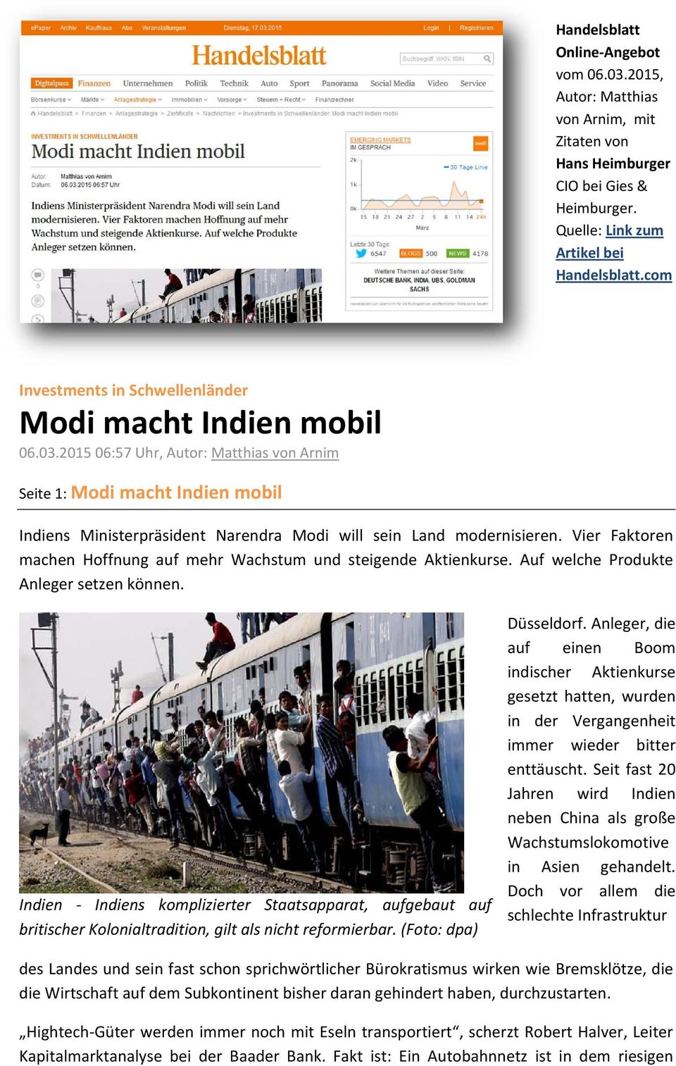 2015 06:57 Uhr, Autor: Matthias von Arnim Seite 1: Modi macht Indien mobil Indiens Ministerpräsident Narendra Modi will sein Land modernisieren.