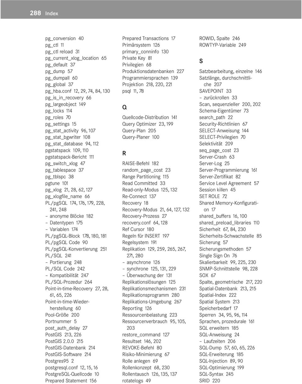 pgstatspack-bericht 111 pg_switch_xlog 47 pg_tablespace 37 pg_tblspc 38 pgtune 101 pg_xlog 21, 28, 62, 127 pg_xlogfi le_name 66 PL/pgSQL 174, 176, 179, 228, 241, 248 anonyme Blöcke 182 Datentypen 175