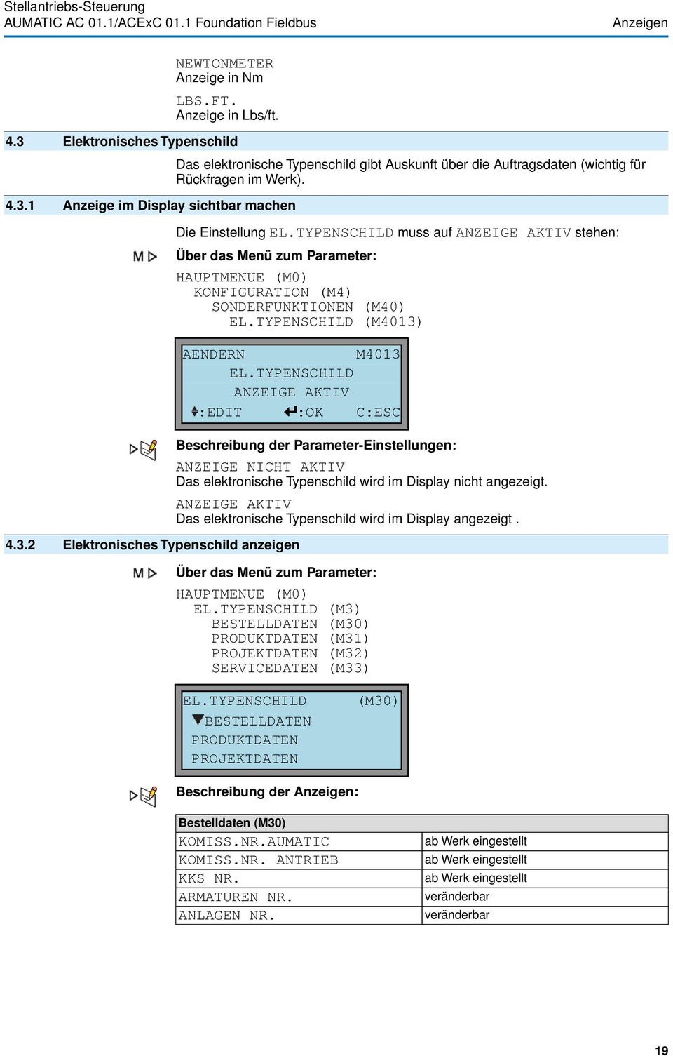 TYPENSCHILD muss auf ANZEIGE AKTIV stehen: KONFIGURATION (M4) SONDERFUNKTIONEN (M40) EL.TYPENSCHILD (M4013)