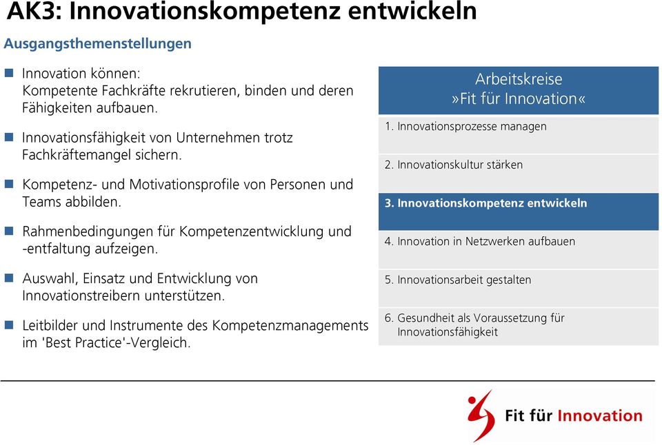 Rahmenbedingungen für Kompetenzentwicklung und -entfaltung aufzeigen. Auswahl, Einsatz und Entwicklung von Innovationstreibern unterstützen.