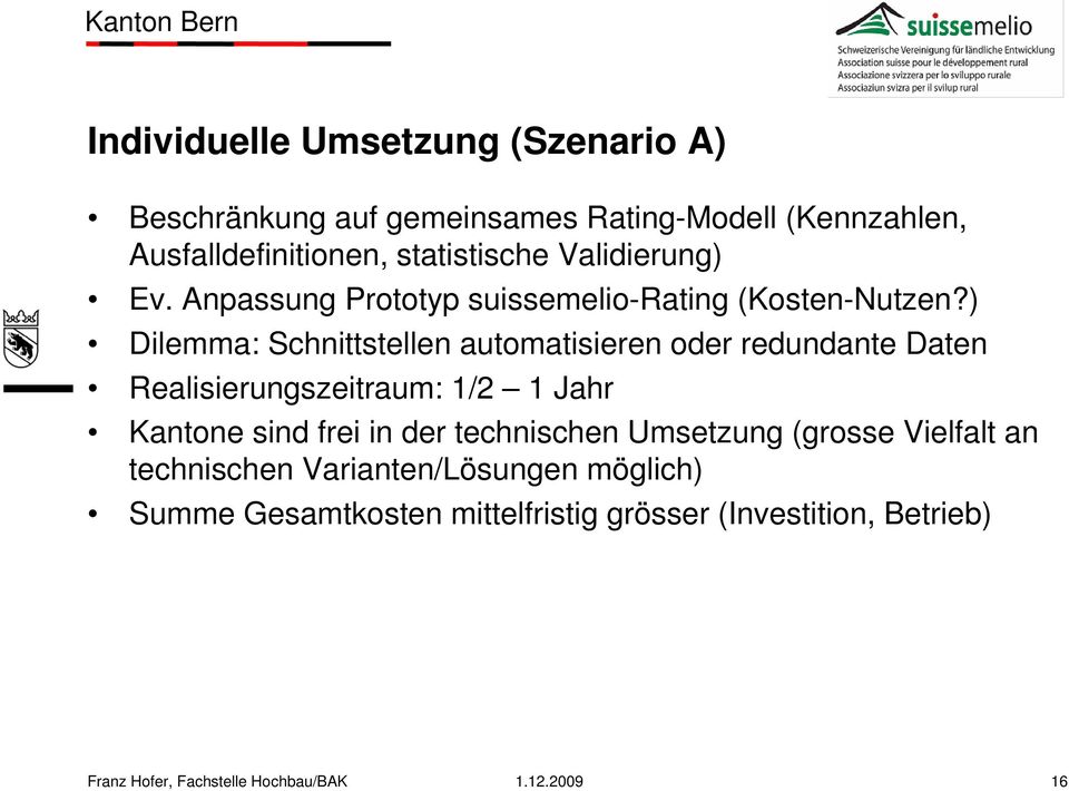 ) Dilemma: Schnittstellen automatisieren oder redundante Daten Realisierungszeitraum: 1/2 1 Jahr Kantone sind frei