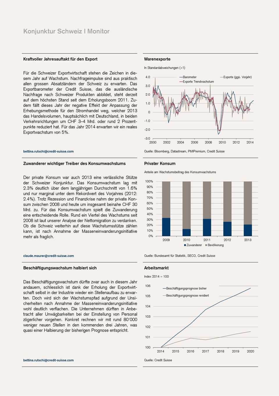 Das Exportbarometer der Credit Suisse, das die ausländische Nachfrage nach Schweizer Produkten abbildet, steht derzeit auf dem höchsten Stand seit dem Erholungsboom 211.