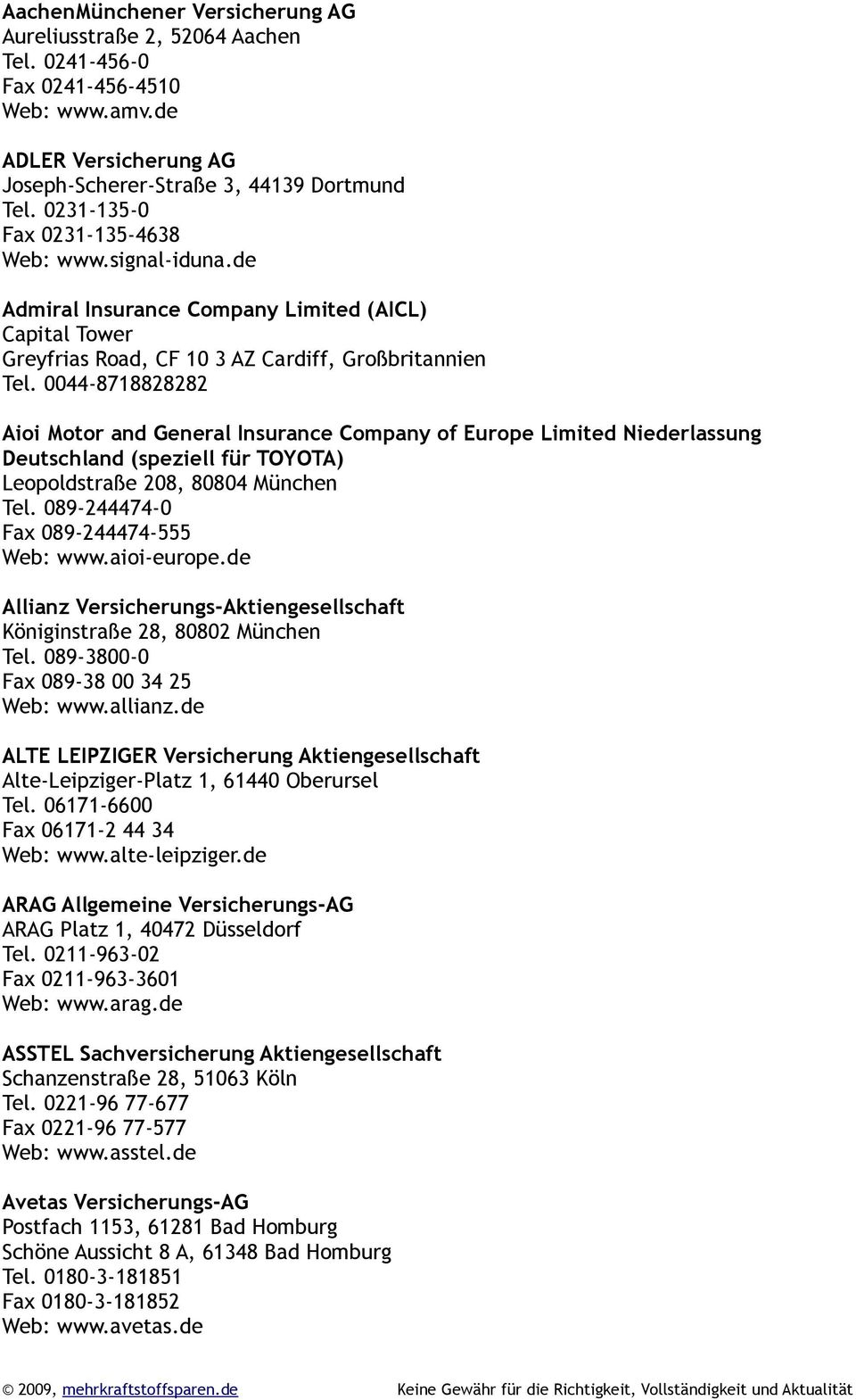 0044-8718828282 Aioi Motor and General Insurance Company of Europe Limited Niederlassung Deutschland (speziell für TOYOTA) Leopoldstraße 208, 80804 München Tel.