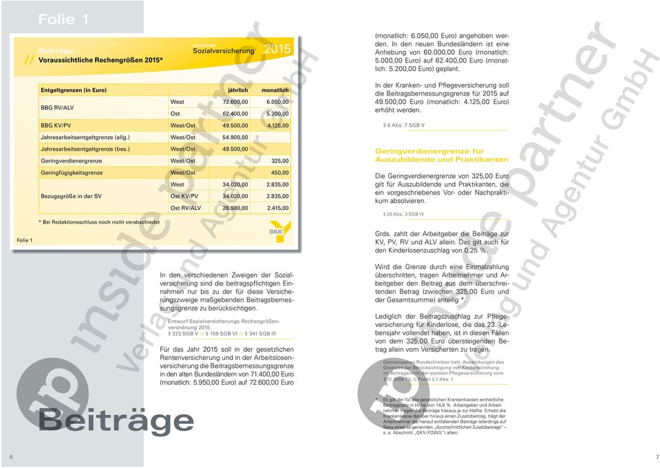 125,00 In der Kranken- und Pflegeversicherung soll die Beitragsbemessungsgrenze für 2015 auf 49.500,00 Euro (monatlich: 4.125,00 Euro) erhöht werden. 6 Abs. 7 SGB V Jahresarbeitsentgeltgrenze (allg.