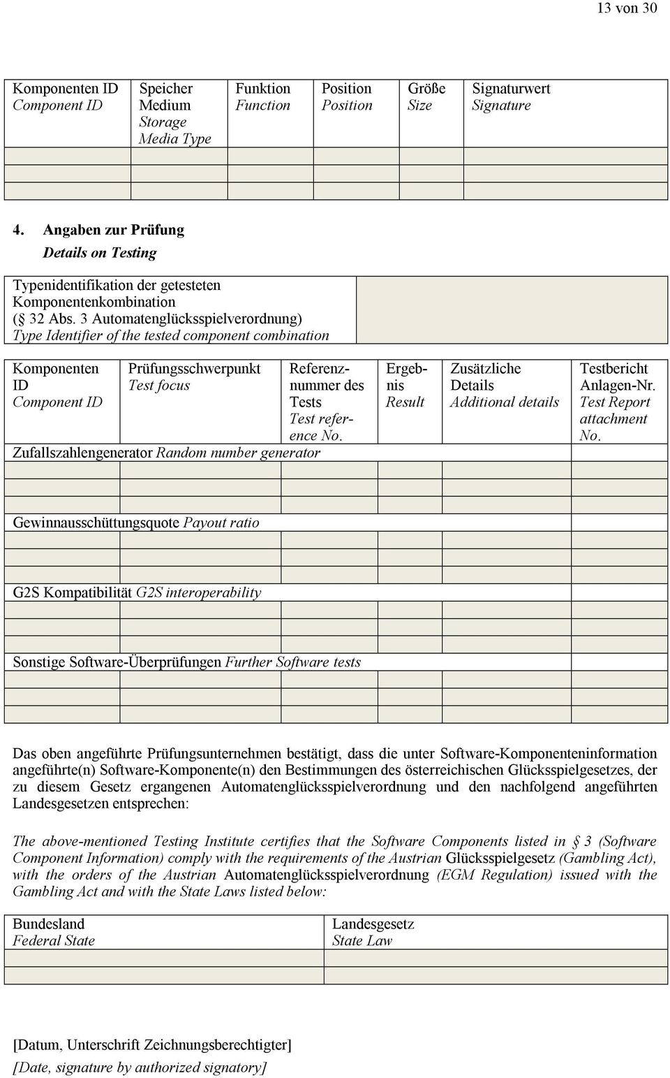 3 Automatenglücksspielverordnung) Type Identifier of the tested component combination Komponenten ID Component ID Prüfungsschwerpunkt Test focus Zufallszahlengenerator Random number generator