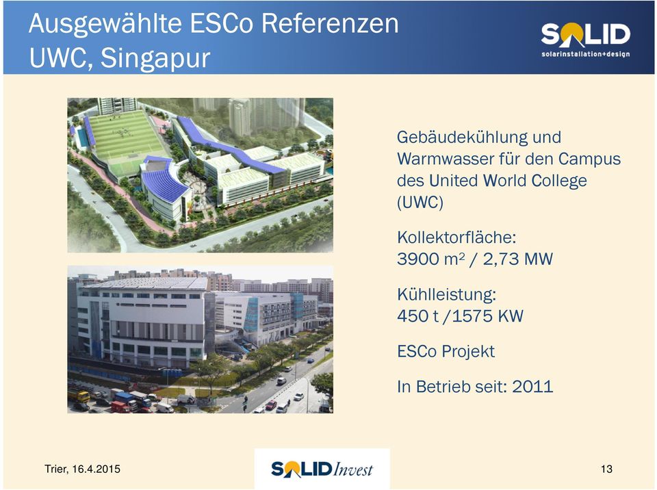 (UWC) Kollektorfläche: 3900 m² / 2,73 MW Kühlleistung: 450