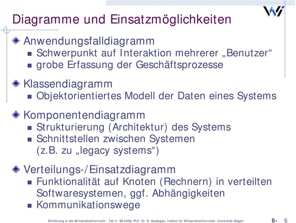Systemen (z.b. zu legacy systems ) Verteilungs-/Einsatzdiagramm Funktionalität auf Knoten (Rechnern) in verteilten Softwaresystemen, ggf.