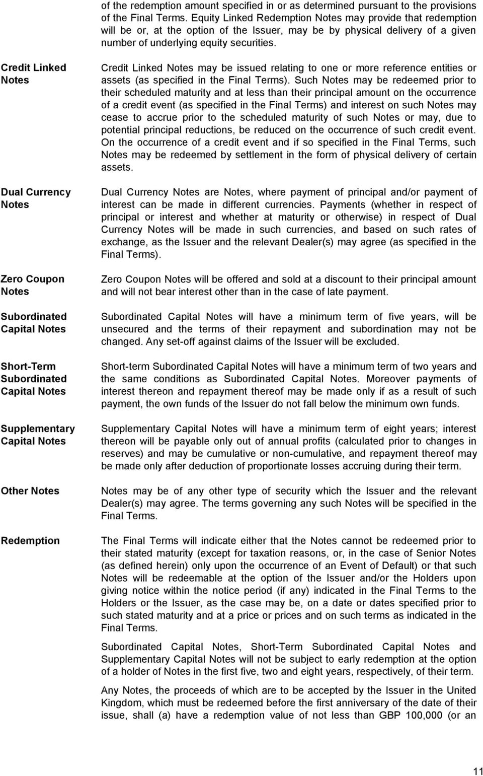 Credit Linked Notes Dual Currency Notes Zero Coupon Notes Subordinated Capital Notes Short-Term Subordinated Capital Notes Supplementary Capital Notes Other Notes Redemption Credit Linked Notes may