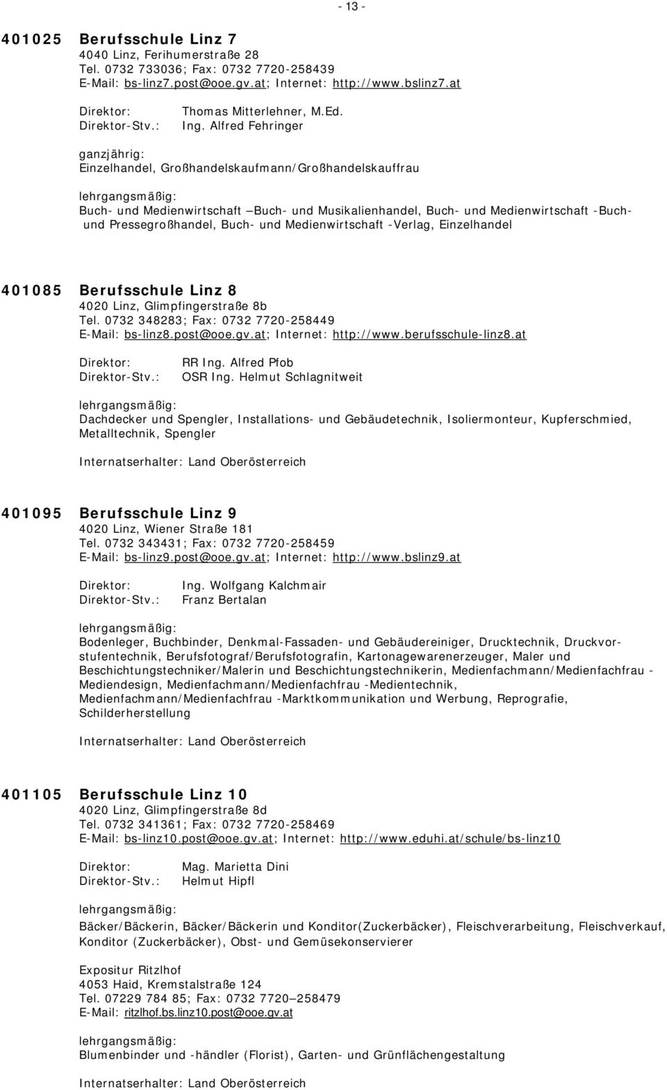 Medienwirtschaft -Verlag, Einzelhandel 401085 Berufsschule Linz 8 4020 Linz, Glimpfingerstraße 8b Tel. 0732 348283; Fax: 0732 7720-258449 E-Mail: bs-linz8.post@ooe.gv.at; Internet: http://www.