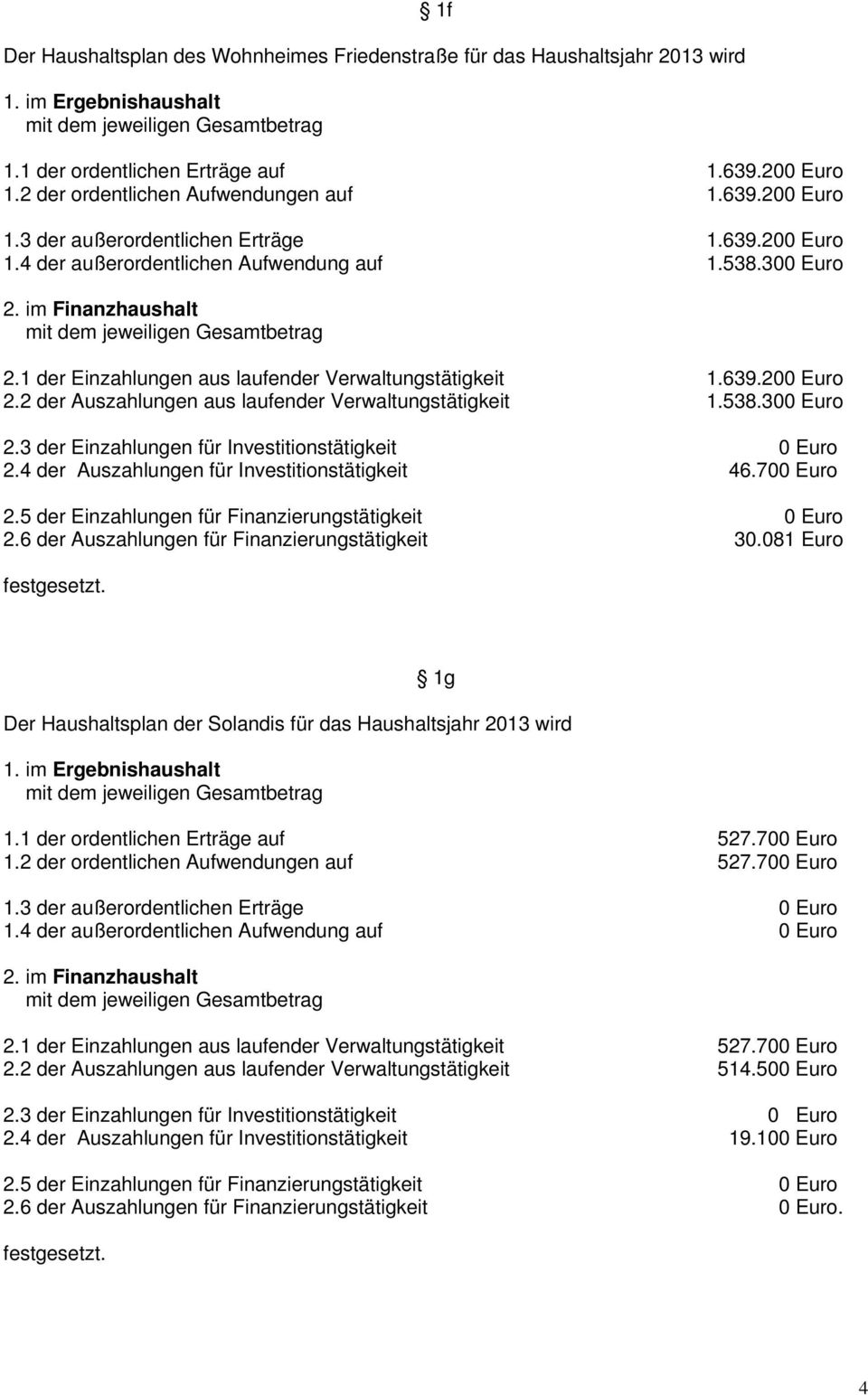 538.300 Euro 2.4 der Auszahlungen für Investitionstätigkeit 46.700 Euro 2.6 der Auszahlungen für Finanzierungstätigkeit 30.081 Euro 1g Der Haushaltsplan der Solandis für das Haushaltsjahr 2013 wird 1.