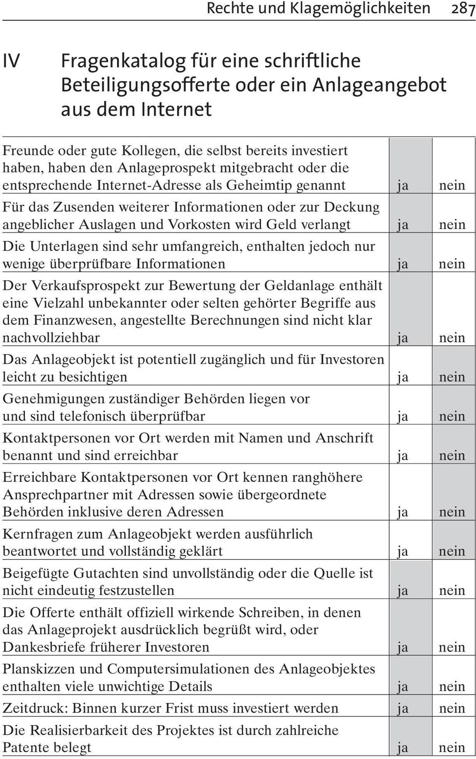 wird Geld verlangt ja nein Die Unterlagen sind sehr umfangreich, enthalten jedoch nur wenige überprüfbare Informationen ja nein Der Verkaufsprospekt zur Bewertung der Geldanlage enthält eine Vielzahl