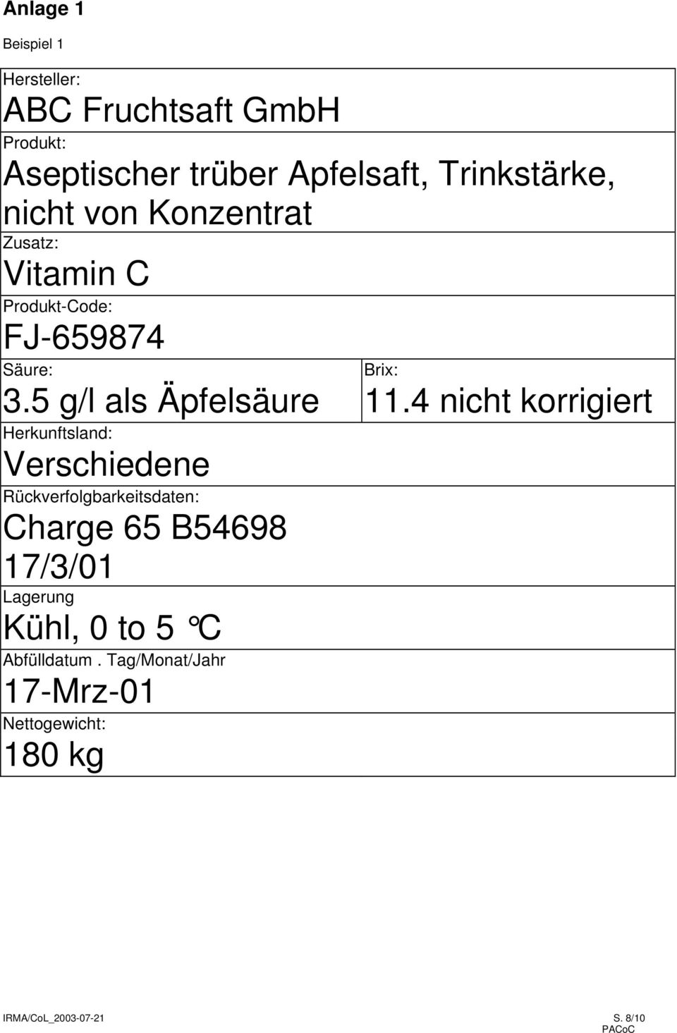 4 nicht korrigiert Herkunftsland: Verschiedene Rückverfolgbarkeitsdaten: Charge 65 B54698 17/3/01