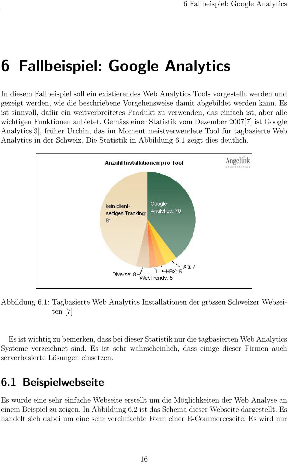 Gemäss einer Statistik vom Dezember 2007[7] ist Google Analytics[3], früher Urchin, das im Moment meistverwendete Tool für tagbasierte Web Analytics in der Schweiz. Die Statistik in Abbildung 6.