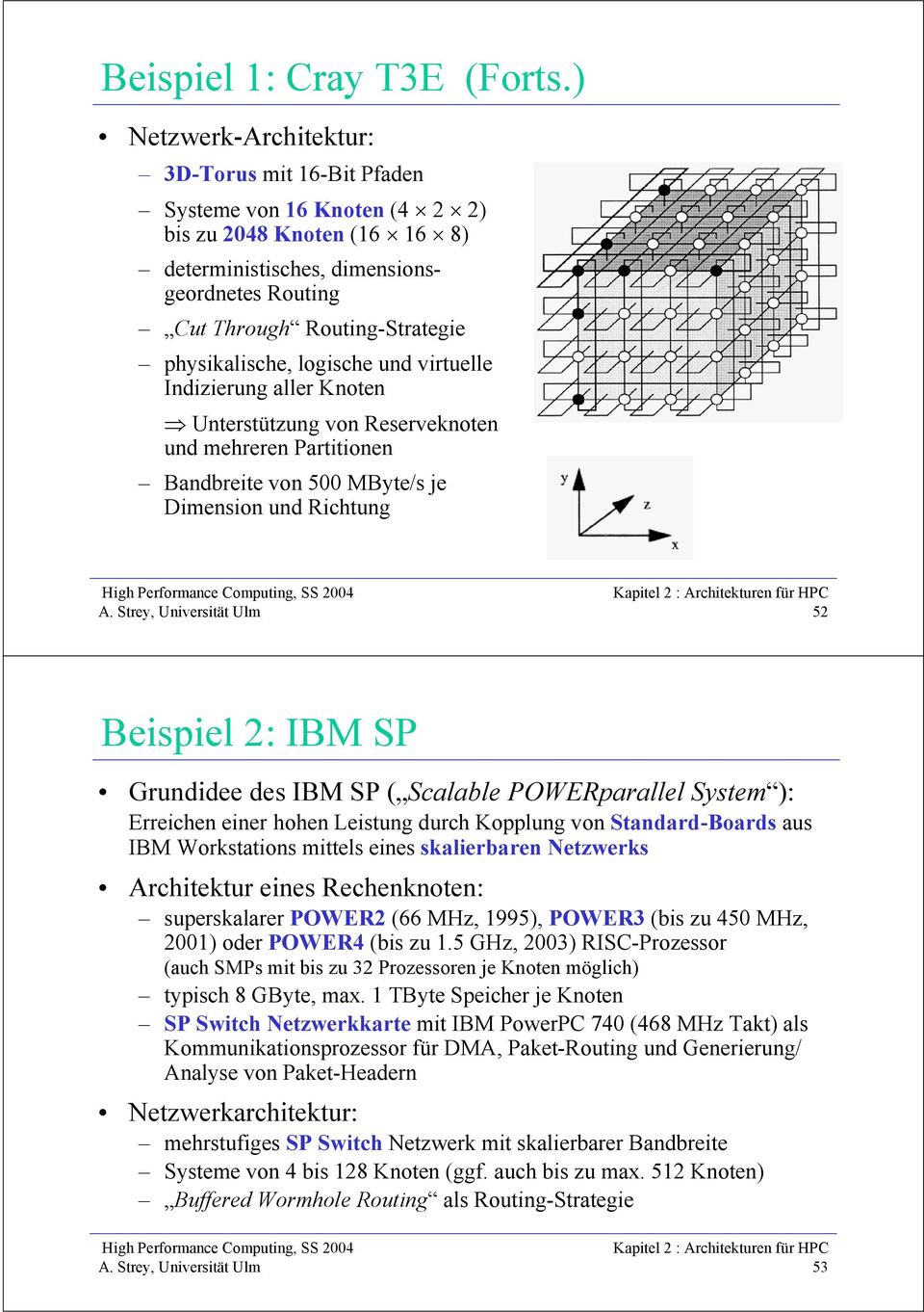 physikalische, logische und virtuelle Indizierung aller Knoten Unterstützung von Reserveknoten und mehreren Partitionen Bandbreite von 500 MByte/s je Dimension und Richtung 52 Beispiel 2: IBM SP