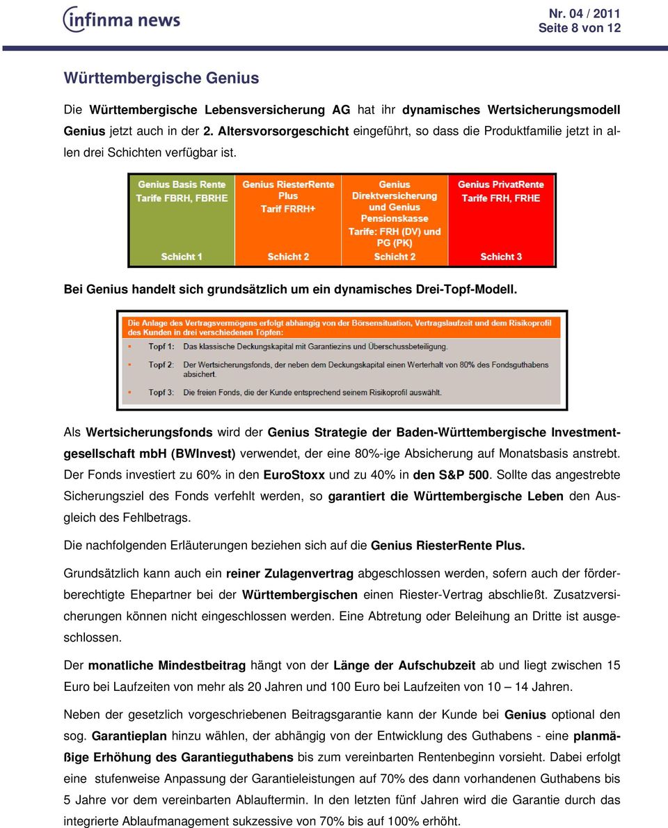 Als Wertsicherungsfonds wird der Genius Strategie der Baden-Württembergische Investmentgesellschaft mbh (BWInvest) verwendet, der eine 80%-ige Absicherung auf Monatsbasis anstrebt.