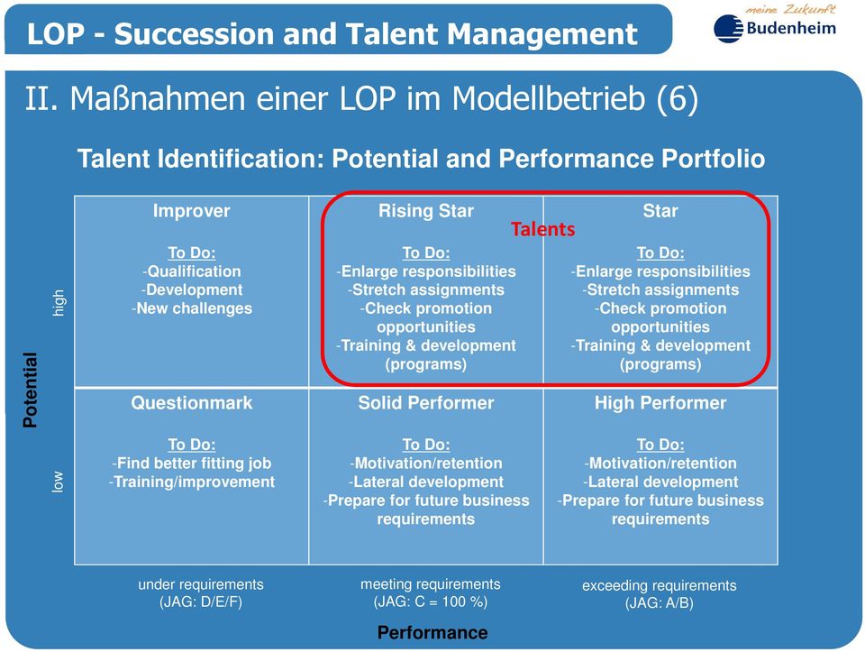 development (programs) Solid Performer Talents Star To Do: -Enlarge responsibilities -Stretch assignments -Check promotion opportunities -Training & development (programs) High Performer To Do: To