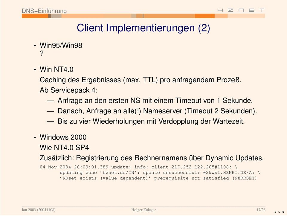 Bis zu vier Wiederholungen mit Verdopplung der War tezeit. Windows 2000 Wie NT4.0 SP4 Zusätzlich: Registrier ung des Rechnernamens über Dynamic Updates.