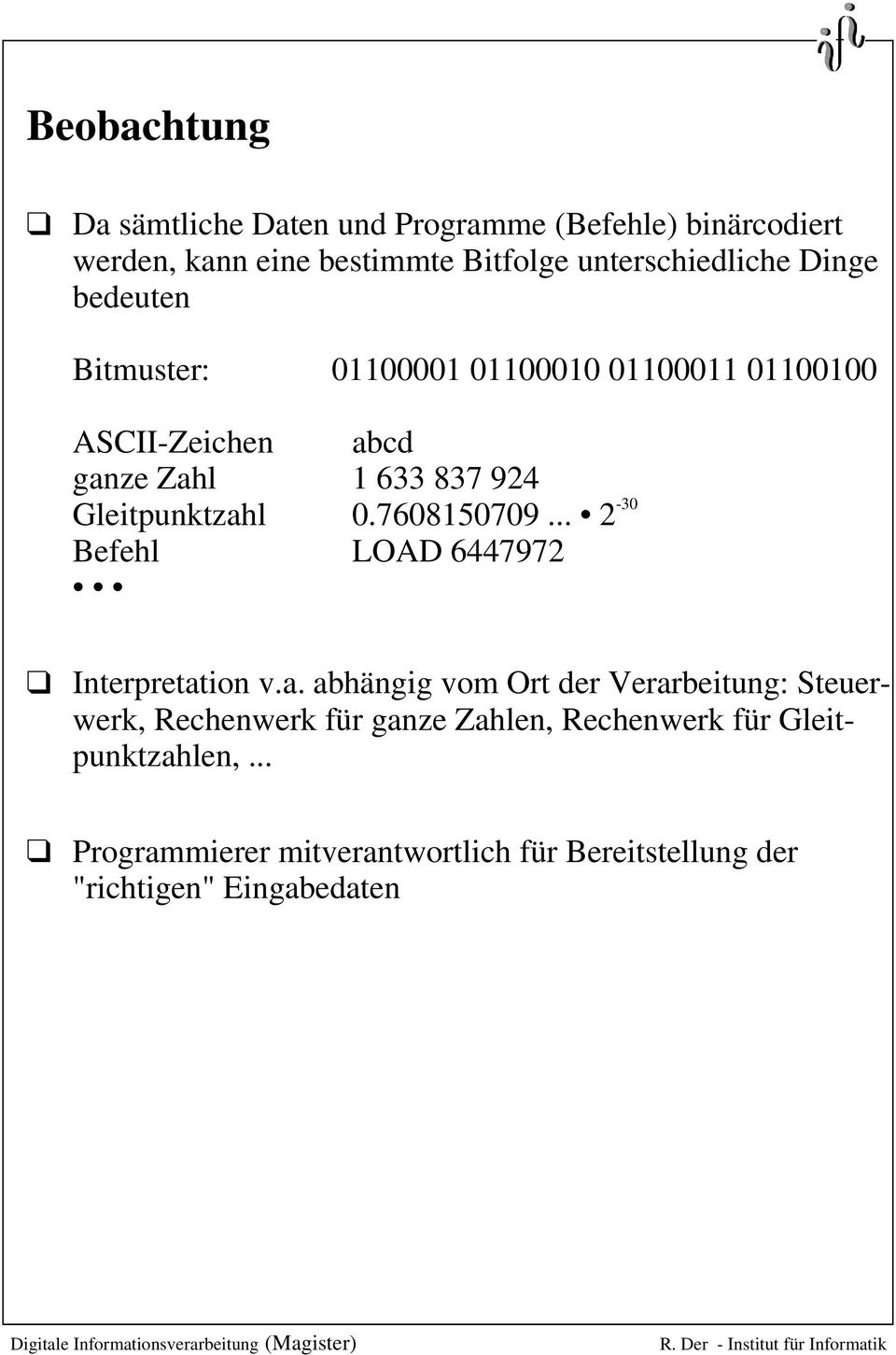 2-30 Befehl LOAD 6447972 Interpretation va abhängig vom Ort der Verarbeitung: Steuerwerk, Rechenwerk für ganze Zahlen, Rechenwerk