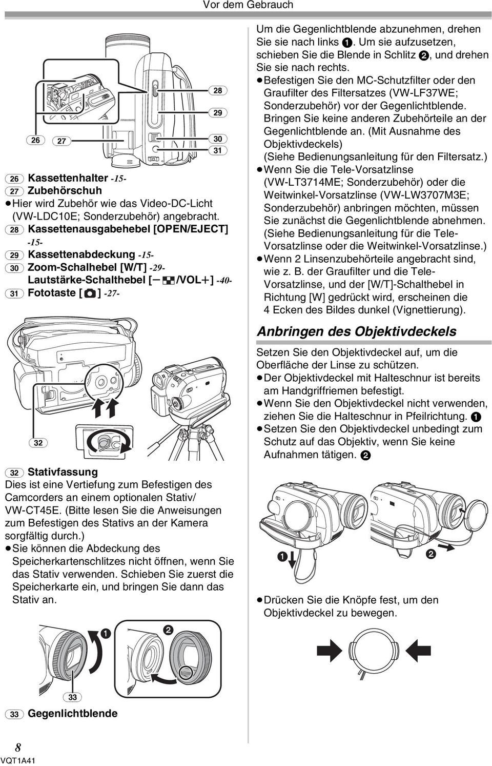Dies ist eine Vertiefung zum Befestigen des Camcorders an einem optionalen Stativ/ VW-CT45E. (Bitte lesen Sie die Anweisungen zum Befestigen des Stativs an der Kamera sorgfältig durch.