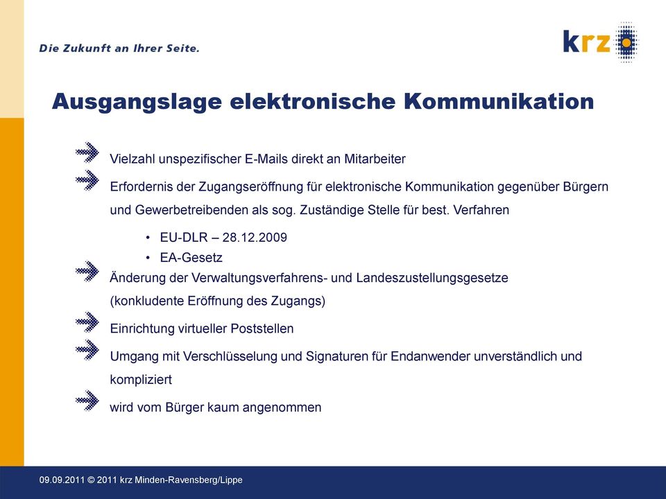 2009 EA-Gesetz Änderung der Verwaltungsverfahrens- und Landeszustellungsgesetze (konkludente Eröffnung des Zugangs) Einrichtung