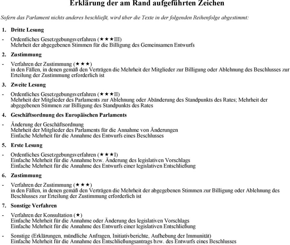 Zustimmung - Verfahren der Zustimmung («««) in den Fällen, in denen gemäß den Verträgen die Mehrheit der Mitglieder zur Billigung oder Ablehnung des Beschlusses zur Erteilung der Zustimmung