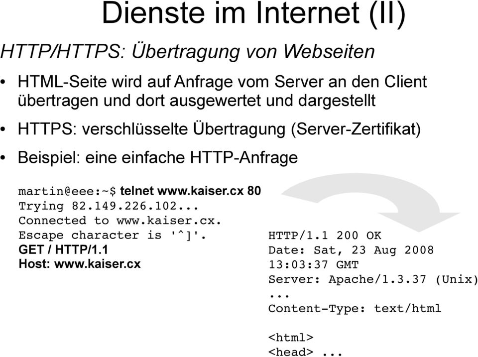 martin@eee:~$ telnet www.kaiser.cx 80 Trying 82.149.226.102... Connected to www.kaiser.cx. Escape character is '^]'. GET / HTTP/1.
