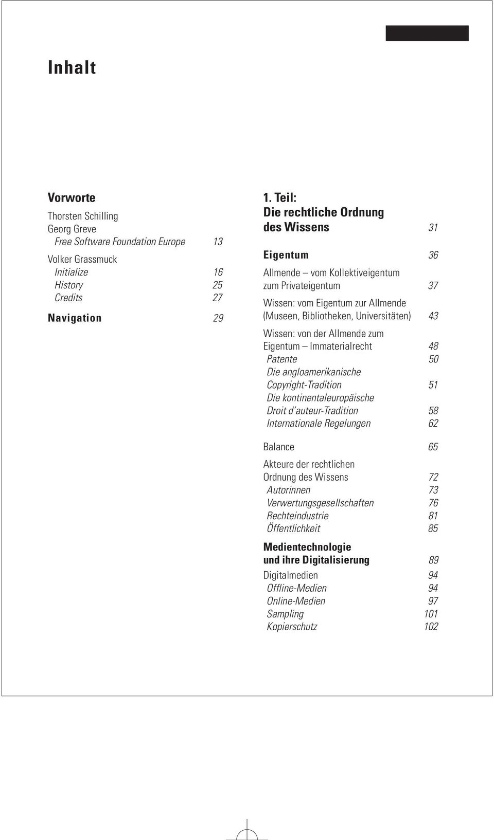 Allmende zum Eigentum Immaterialrecht 48 Patente 50 Die angloamerikanische Copyright-Tradition 51 Die kontinentaleuropäische Droit d auteur-tradition 58 Internationale Regelungen 62 Balance 65