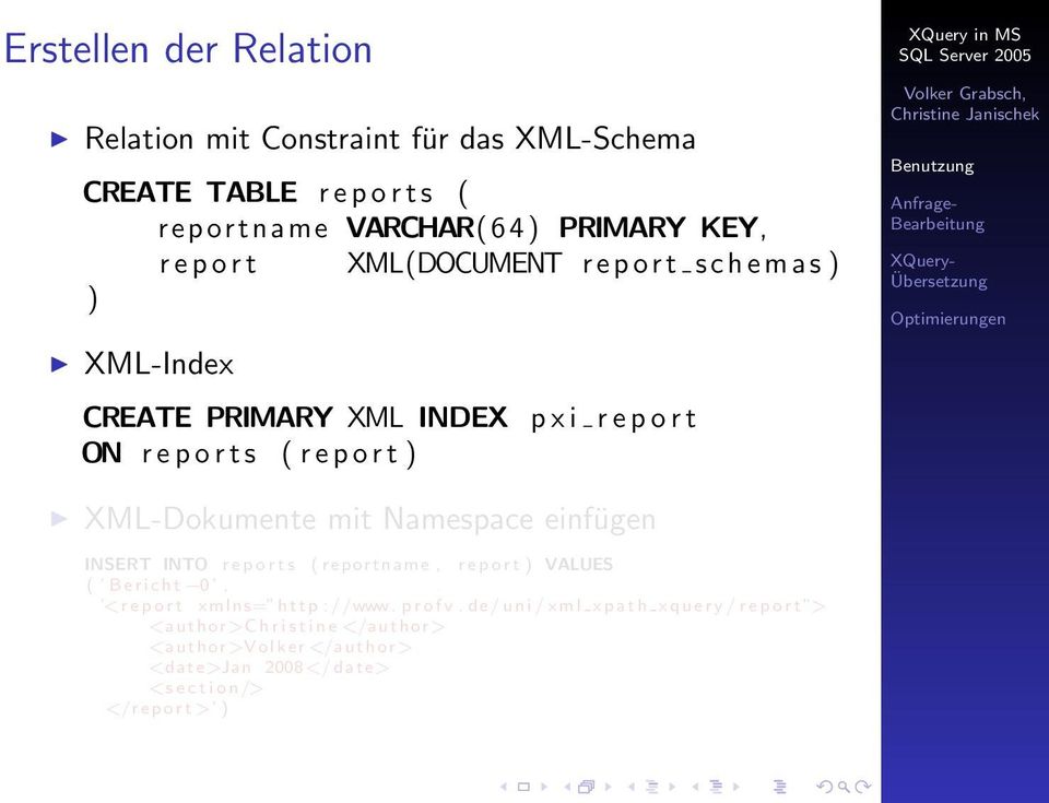 mit Namespace einfügen INSERT INTO r e p o r t s ( reportname, r e p o r t ) VALUES ( B e r i c h t 0, <report xmlns= http : / /www. profv.