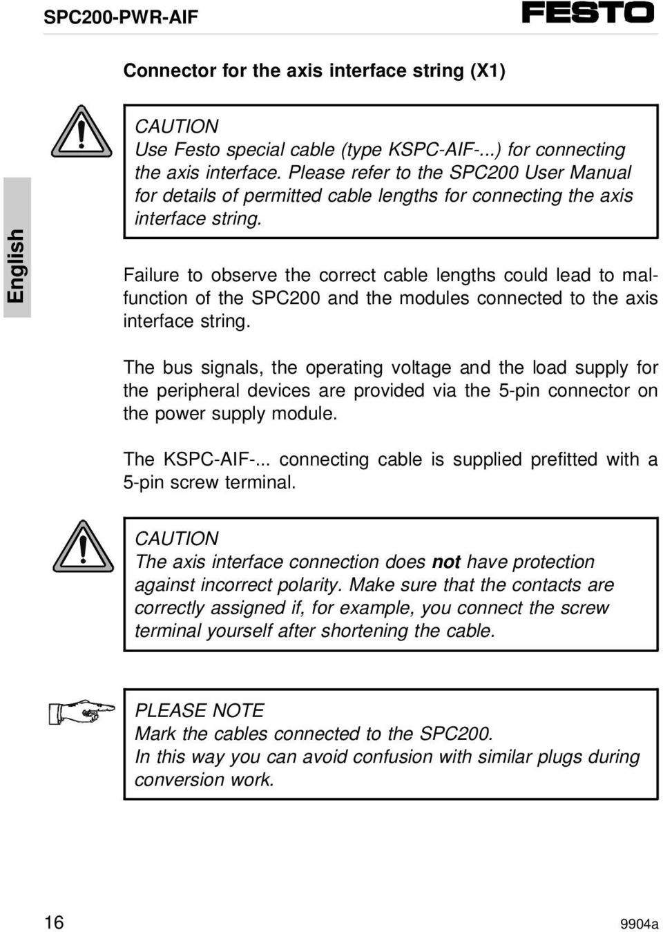 Failure to observe the correct cable lengths could lead to malfunction of the SPC00 and the modules connected to the axis interface string.