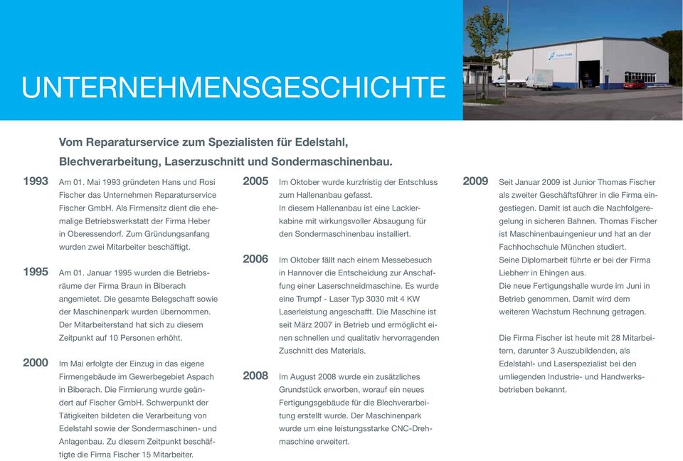 2009 Seit Januar 2009 ist Junior Thomas Fischer als zweiter Geschäftsführer in die Firma ein- Fischer GmbH. Als Firmensitz dient die ehe- In diesem Hallenanbau ist eine Lackier- gestiegen.