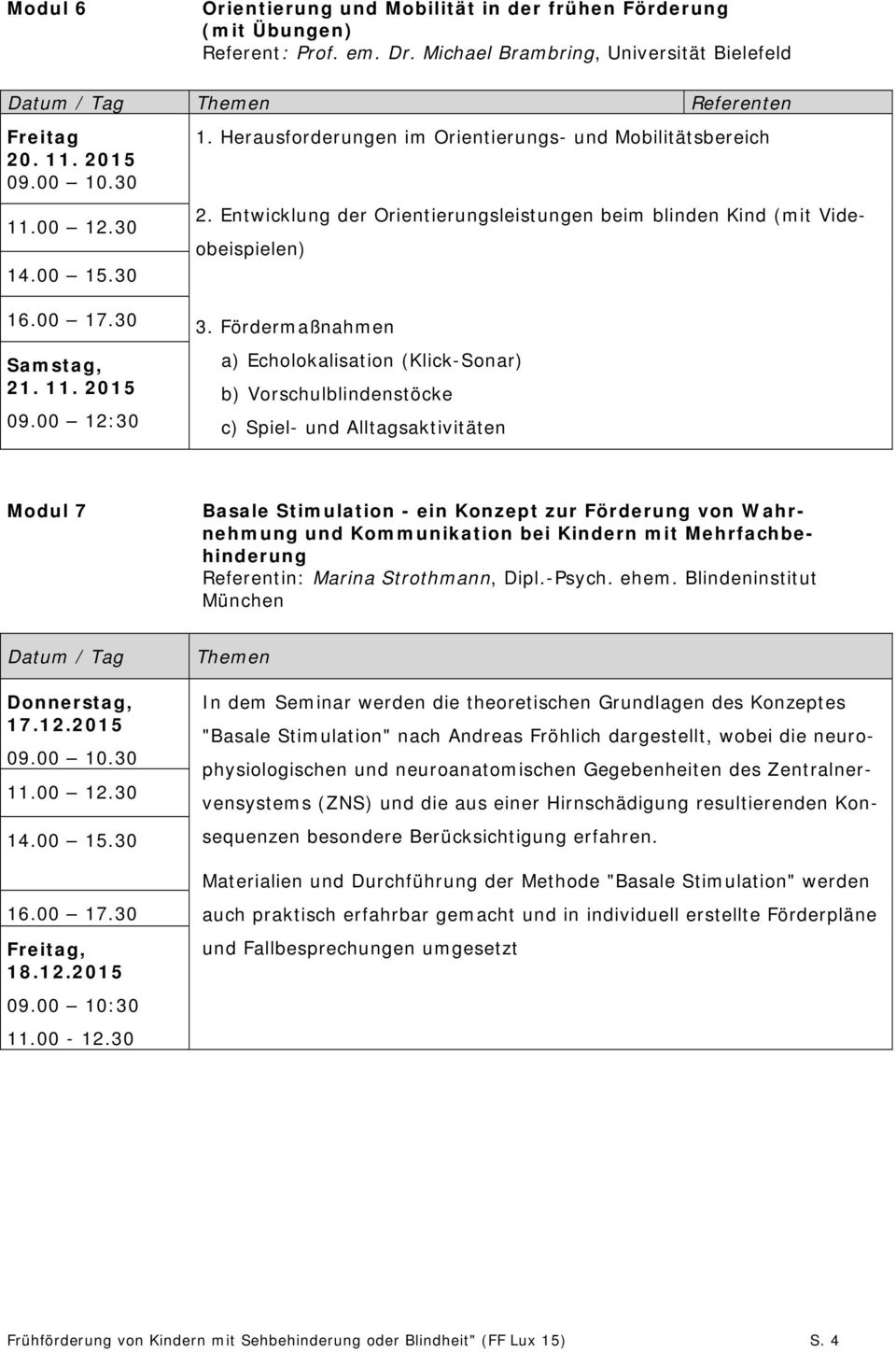 Fördermaßnahmen a) Echolokalisation (Klick-Sonar) b) Vorschulblindenstöcke c) Spiel- und Alltagsaktivitäten Modul 7 Basale Stimulation - ein Konzept zur Förderung von Wahrnehmung und Kommunikation