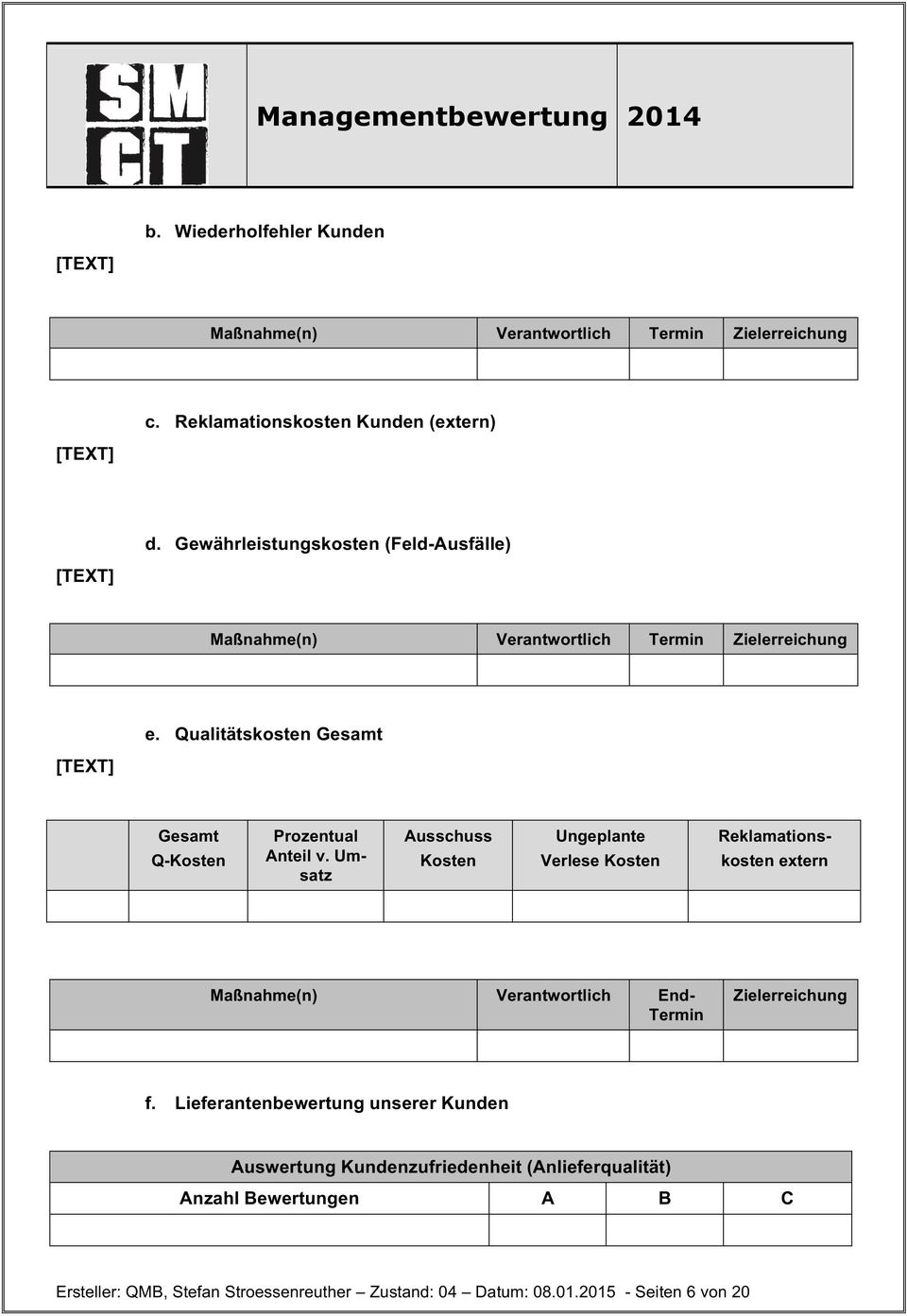 Umsatz Ausschuss Kosten Ungeplante Verlese Kosten Reklamations- kosten extern Maßnahme(n) Verantwortlich End- Termin