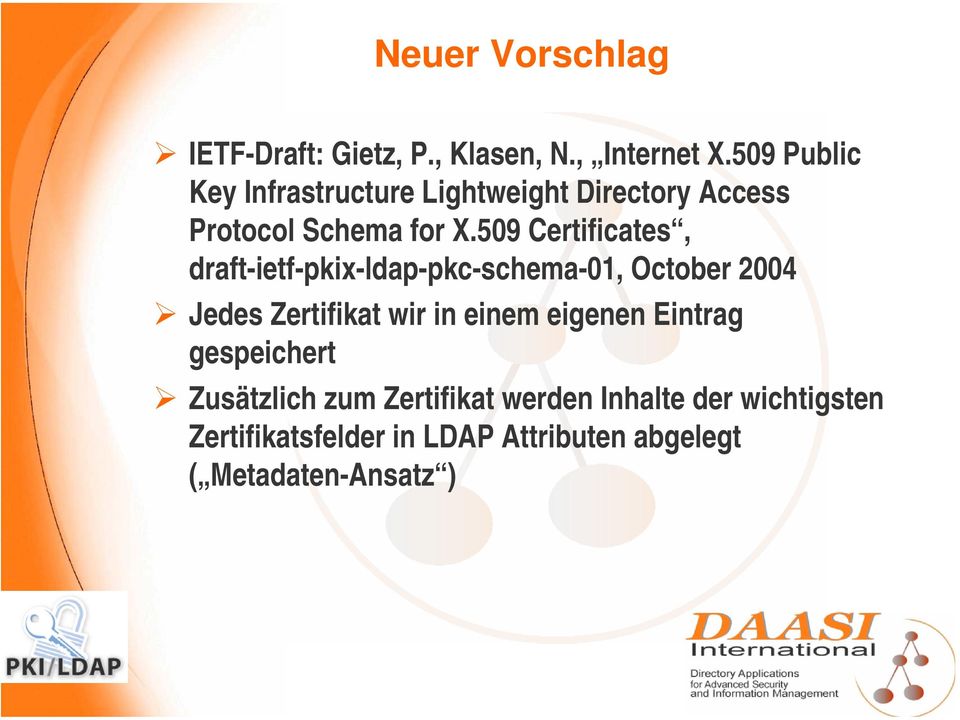 509 Certificates, draft-ietf-pkix-ldap-pkc-schema-01, October 2004 Jedes Zertifikat wir in einem
