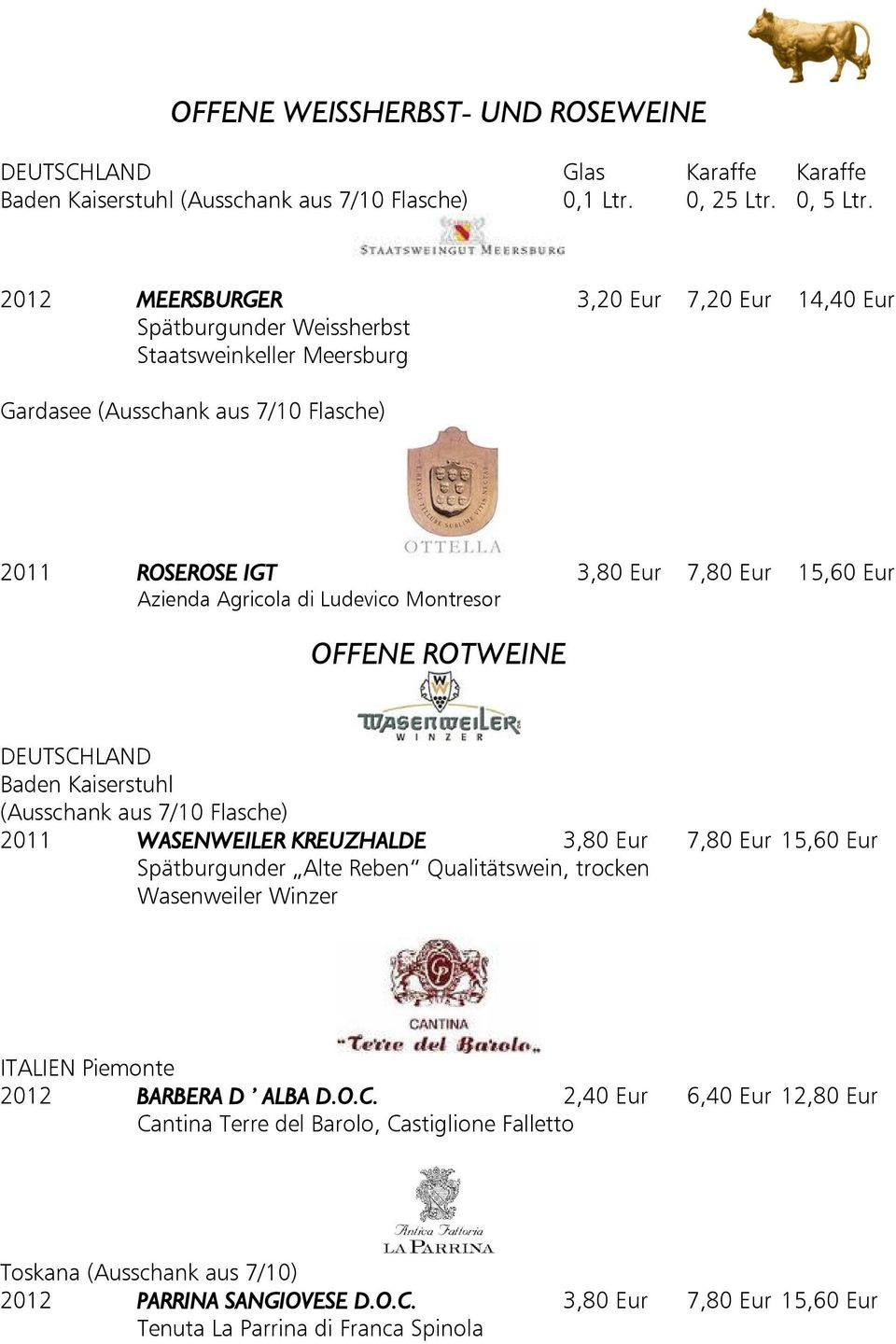 di Ludevico Montresor OFFENE ROTWEINE DEUTSCHLAND Baden Kaiserstuhl (Ausschank aus 7/10 Flasche) 2011 WASENWEILER KREUZHALDE 3,80 Eur 7,80 Eur 15,60 Eur Spätburgunder Alte Reben Qualitätswein,