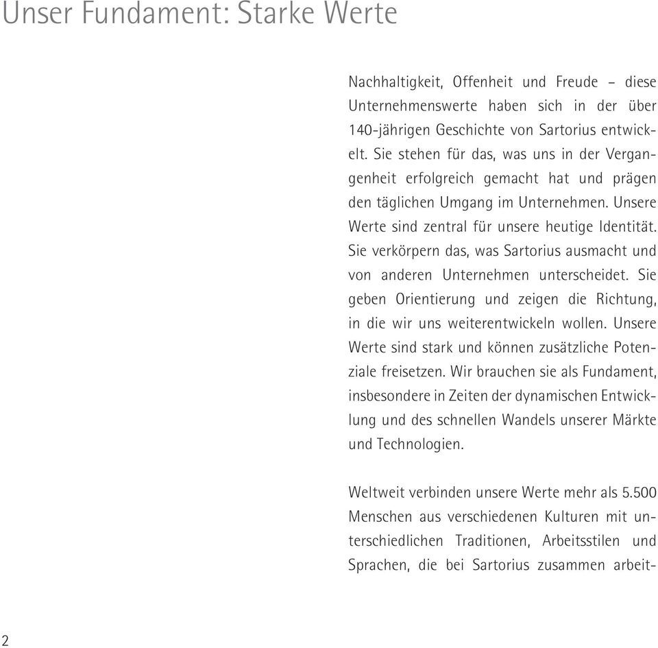 Sie verkörpern das, was Sartorius ausmacht und von anderen Unternehmen unterscheidet. Sie geben Orientierung und zeigen die Richtung, in die wir uns weiterentwickeln wollen.