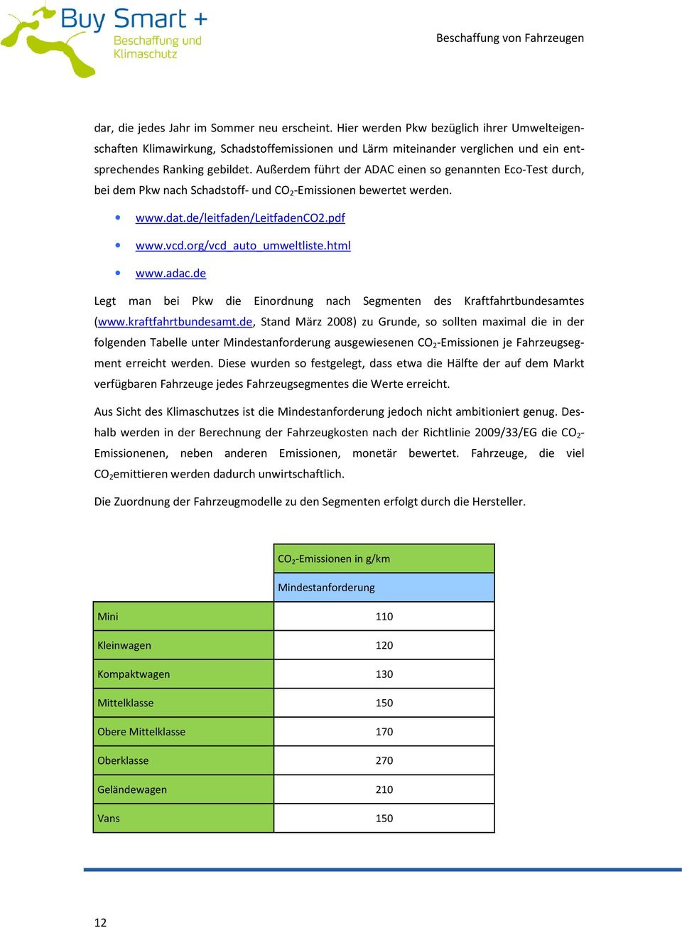 Außerdem führt der ADAC einen so genannten Eco-Test durch, bei dem Pkw nach Schadstoff- und CO 2 -Emissionen bewertet werden. www.dat.de/leitfaden/leitfadenco2.pdf www.vcd.org/vcd_auto_umweltliste.